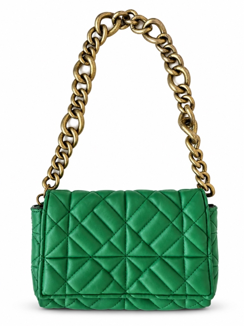 ZARA Green Quilted Shoulder Bag Gold Tone Chunky Chain Strap Purse